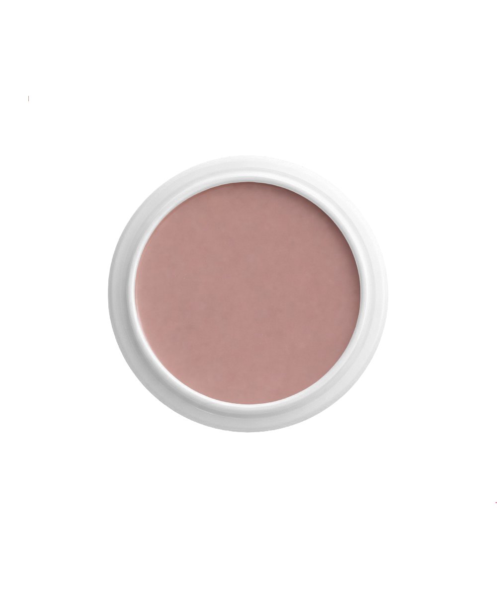 Round white compact containing dusty pink blush
