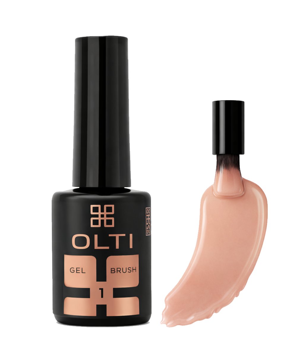 Six gel nail polish swatches in peach to rose tones shown as brush strokes above a row of manicured nails labeled 1–6
