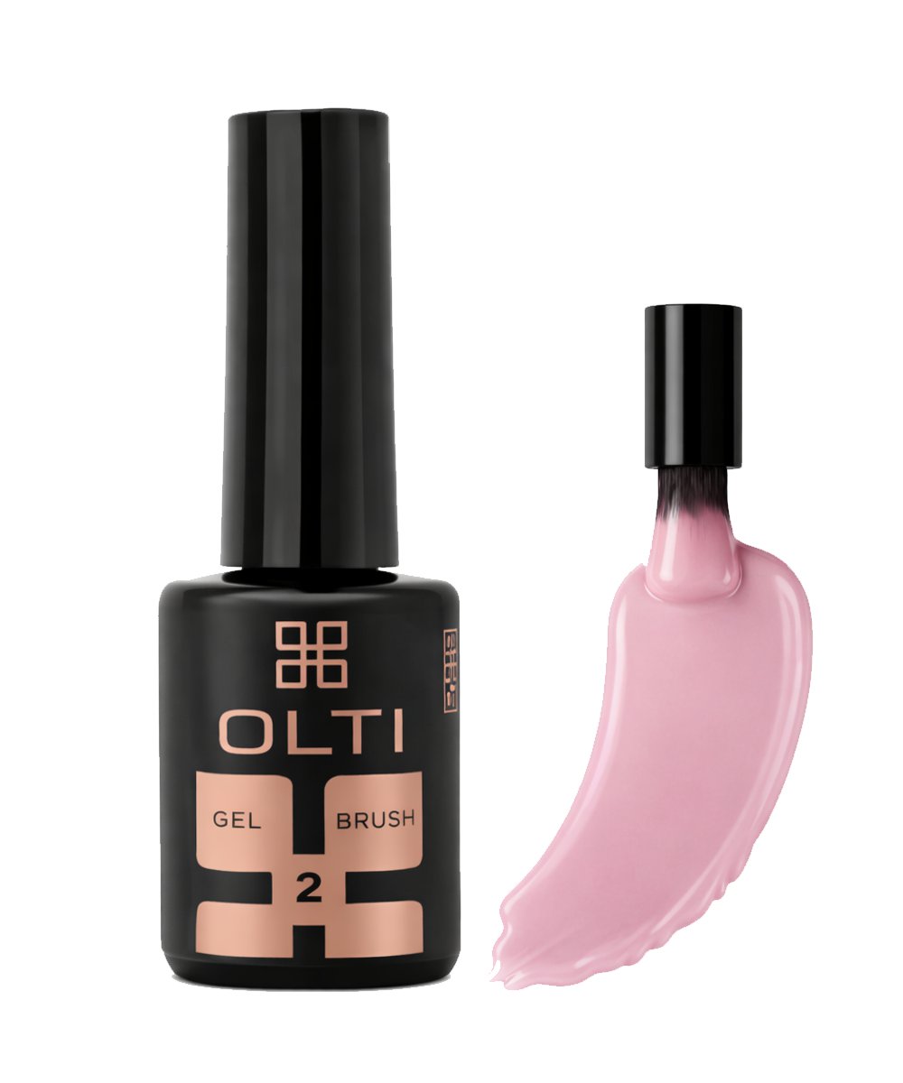 Six gel nail polish swatches in peach to rose tones shown as brush strokes above a row of manicured nails labeled 1–6
