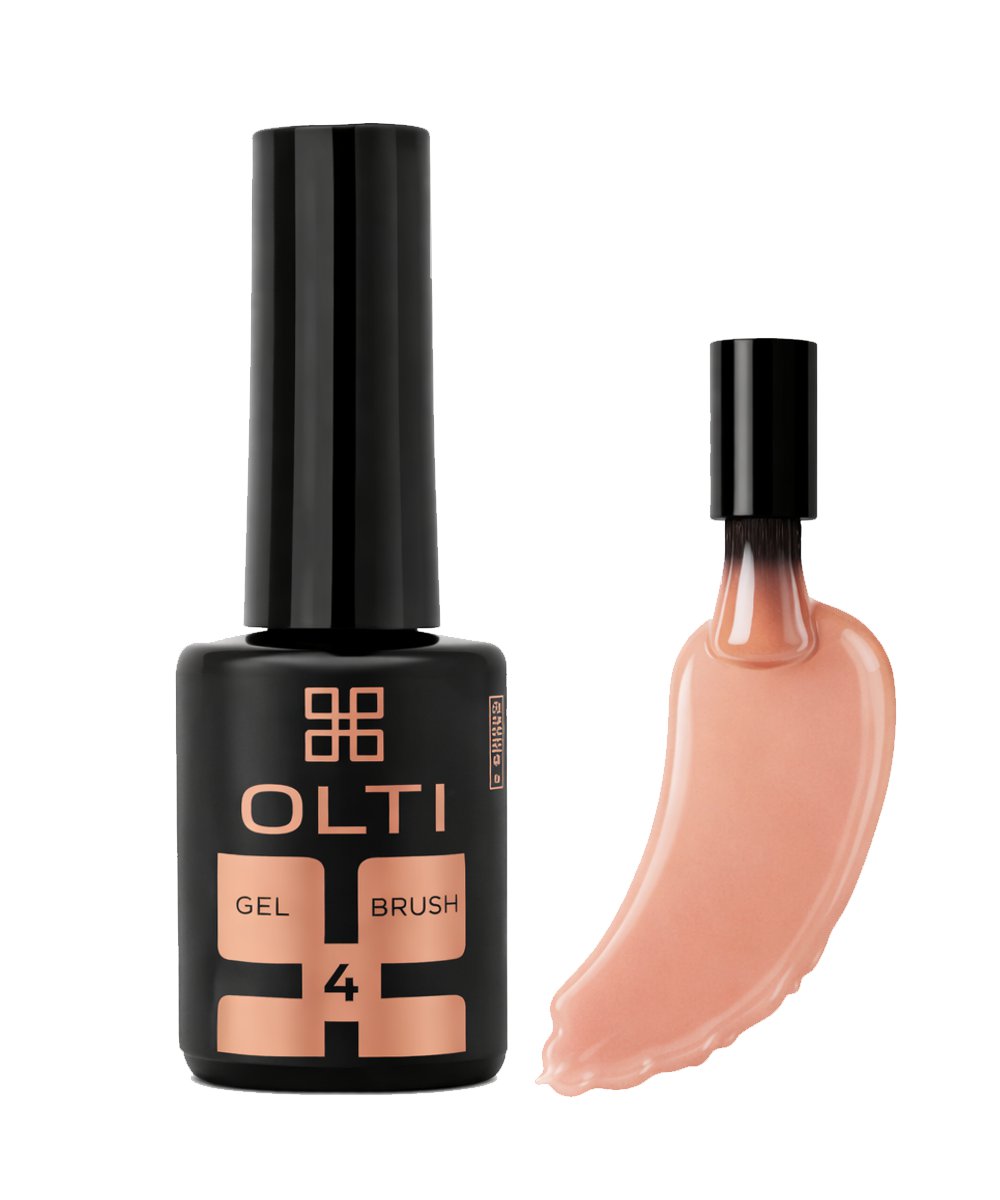 Six gel nail polish swatches in peach to rose tones shown as brush strokes above a row of manicured nails labeled 1–6