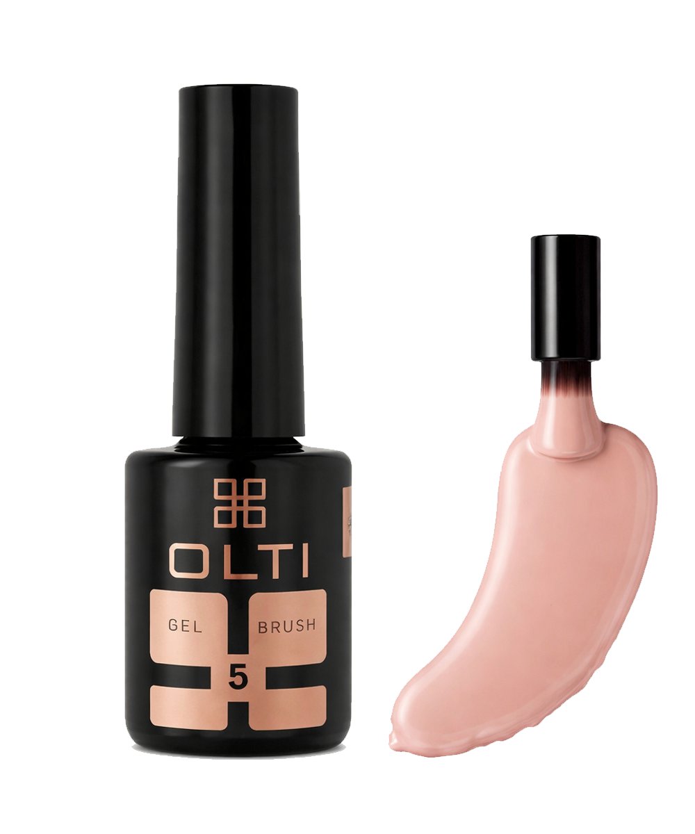 Six gel nail polish swatches in peach to rose tones shown as brush strokes above a row of manicured nails labeled 1–6