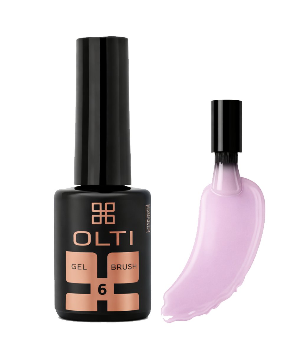 Six gel nail polish swatches in peach to rose tones shown as brush strokes above a row of manicured nails labeled 1–6