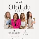 Event poster for OLTI Edu with four women posing; date 28.06.2026, Eindhoven, start 10:00, website www.oltinails.nl/snl (social icons shown)