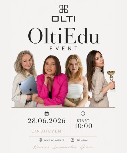 Event poster for OLTI Edu with four women posing; date 28.06.2026, Eindhoven, start 10:00, website www.oltinails.nl/snl (social icons shown)
