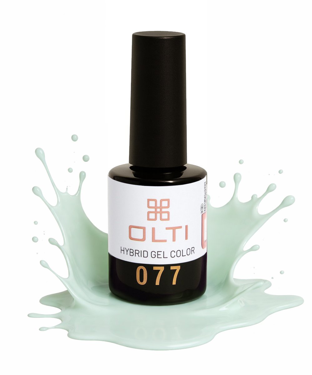 OLTI 077 Hybrid Gel Color nail polish bottle with a mint-green gel splash around it