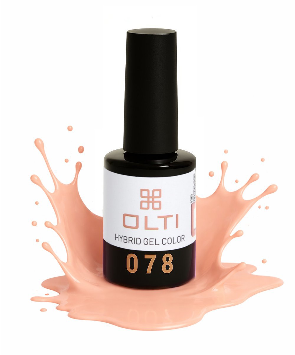 OLTI Hybrid Gel Color nail polish bottle (078) with peach splash around it