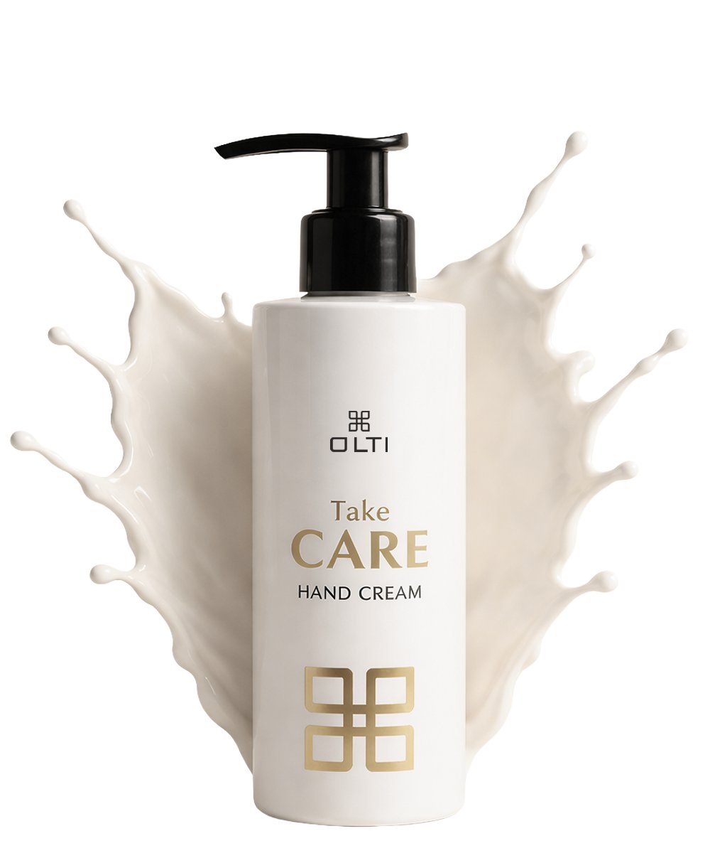 White pump bottle labeled 'OLTI Take CARE Hand Cream' with a cream splash backdrop