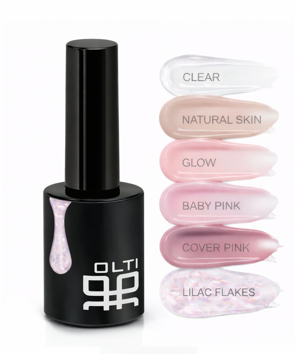 Black nail polish bottle beside a vertical row of pastel swatches labeled Clear