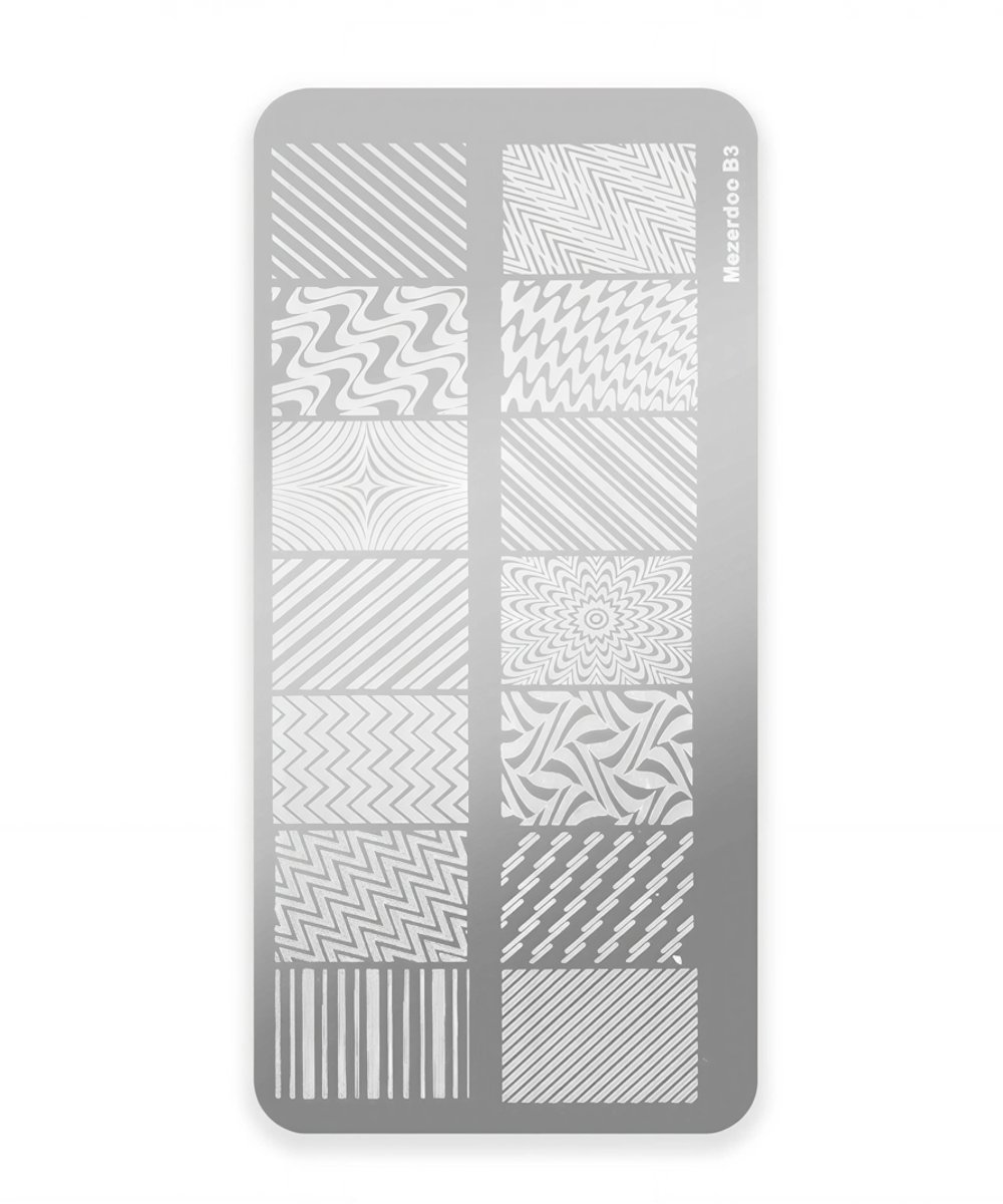 Metal nail-art stamping plate with 16 geometric pattern grids (stripes