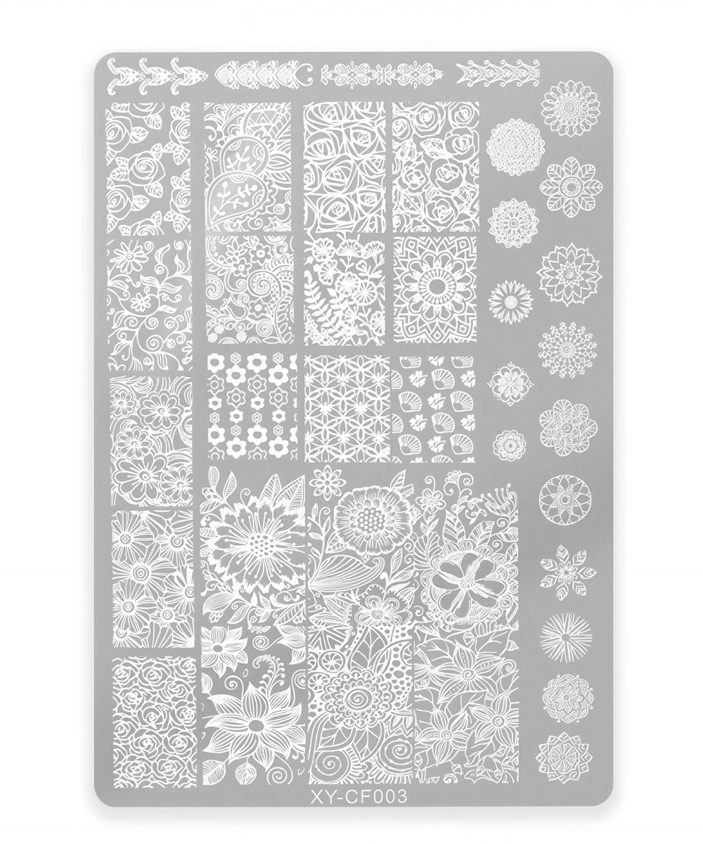 Nail art stamping plate with many white floral patterns in square blocks and circular mandalas on a gray plate (model XY-CF003).