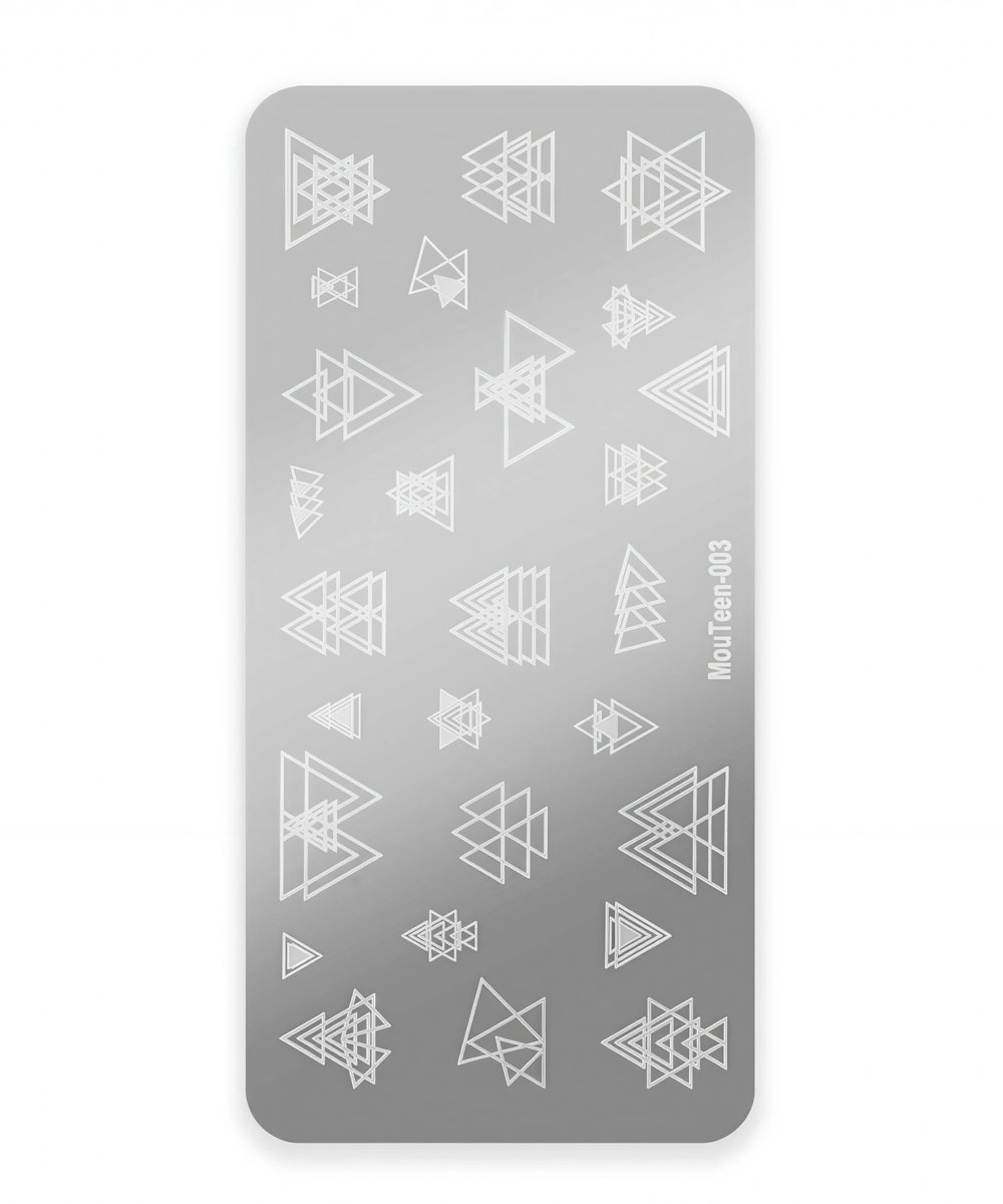 Gray rounded-rectangle panel with numerous overlapping white triangle outlines in varying sizes and orientations; vertical label MouTeen-003 along the right edge.