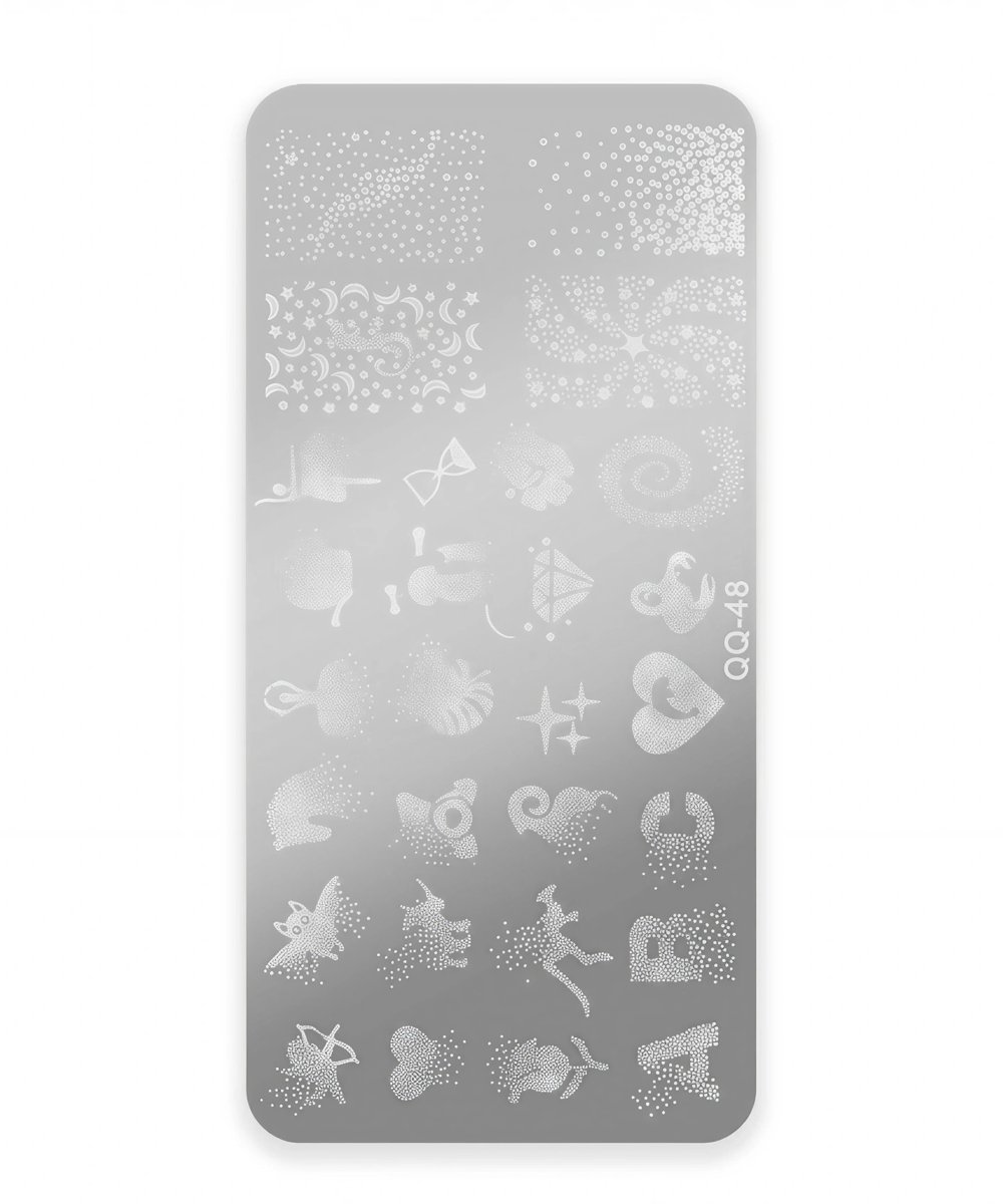 Silver rectangular nail stamping plate with rounded corners showing multiple etched patterns (dots