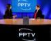 Two women sit at a round studio table with a large PPTV logo on a blue backdrop and a YouTube plaque on the table centerpiece, appearing to record or interview.