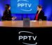 Two women sit at a round studio table with a large PPTV logo on a blue backdrop and a YouTube plaque on the table centerpiece, appearing to record or interview.
