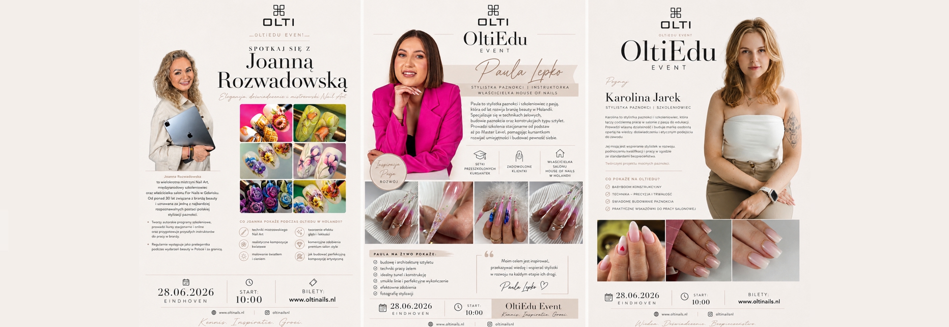 Promo collage for OltiEdu Event featuring three female presenters and nail-art imagery with event date and venue details on the posters, Eindhoven 28.06.2026 (ticket info shown).