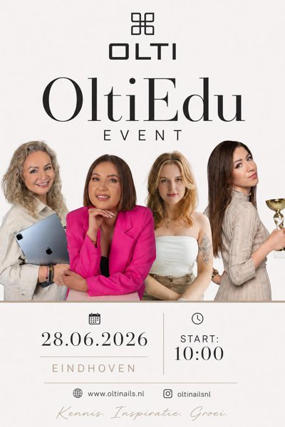 Event poster for OLTI Edu: four women posing, with date 28.06.2026 and start time 10:00 in Eindhoven, OLTI branding and website visible.
