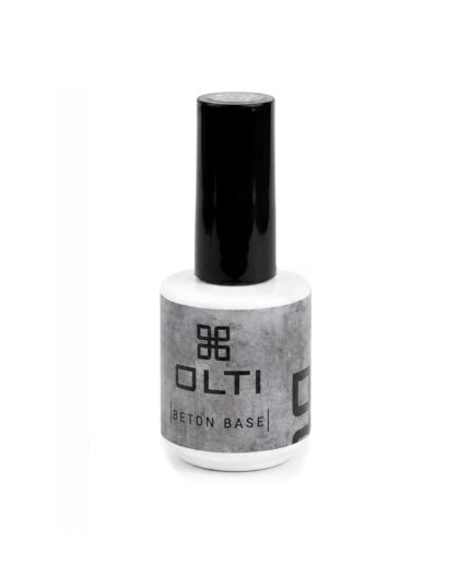 White nail polish bottle with a black cap and a gray label reading 'OLTl BETON BASE' on a white background