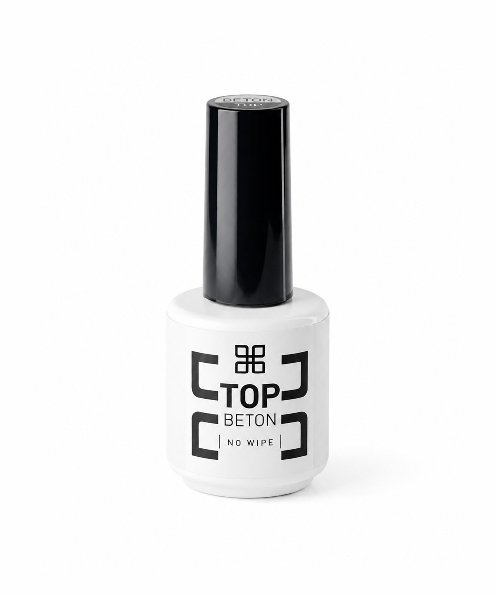 Beton Top Olti White bottle of Top Beton no-wipe nail top coat with a glossy black cap, set against a white background.
