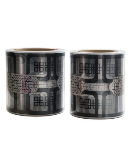 Two decorative tape rolls with black-and-gray geometric patterns on a white background.