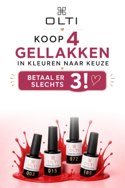 Olti logo above a Dutch promo: 'Koop 4 Gellakken in kleuren naar keuze – Betaal er slechts 3!' with four nail polish bottles standing in a pink splashed background.