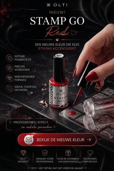 Advertisement for OLTI Stamp Go Red nail polish: a red bottle with a hand applying red polish, dark luxury background, Dutch feature bullets and a red button saying “BEKIJK DE NIEUWE KLEUR.”