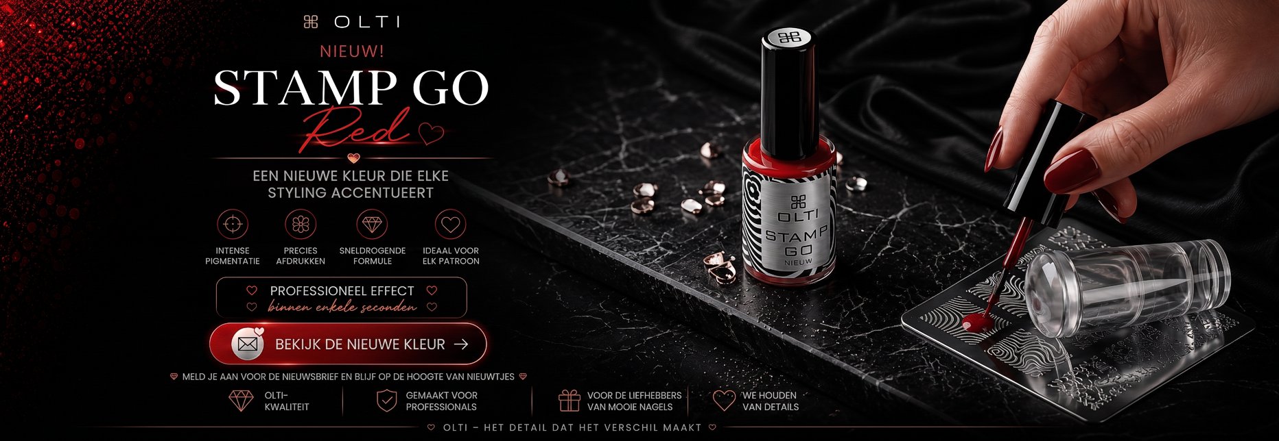 Promotional banner for OLTI Stamp Go Red nail polish with a red bottle and a hand applying red polish on a black marble surface
